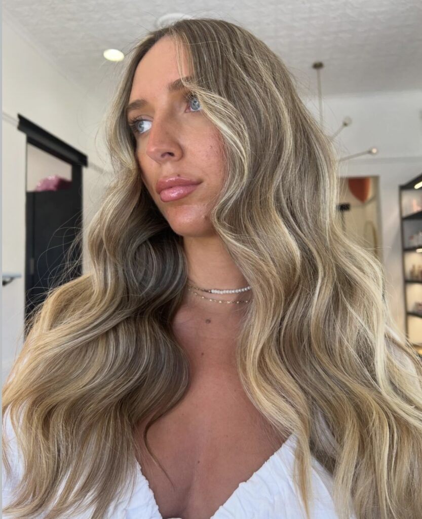 Long layered haircut with soft waves and glossy blow dry, Circles of Hair Perth