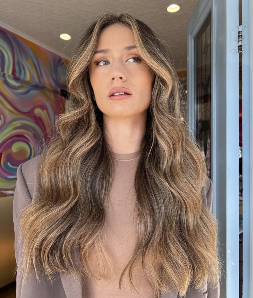 Hand-painted balayage on long brunette hair with soft blonde ends, Circles of Hair Perth