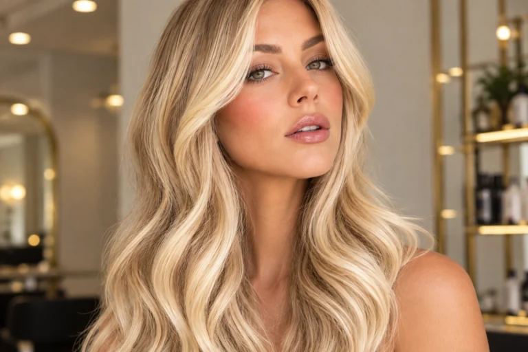 Woman with long honey-blonde waves and a money piece at a Perth hair salon
