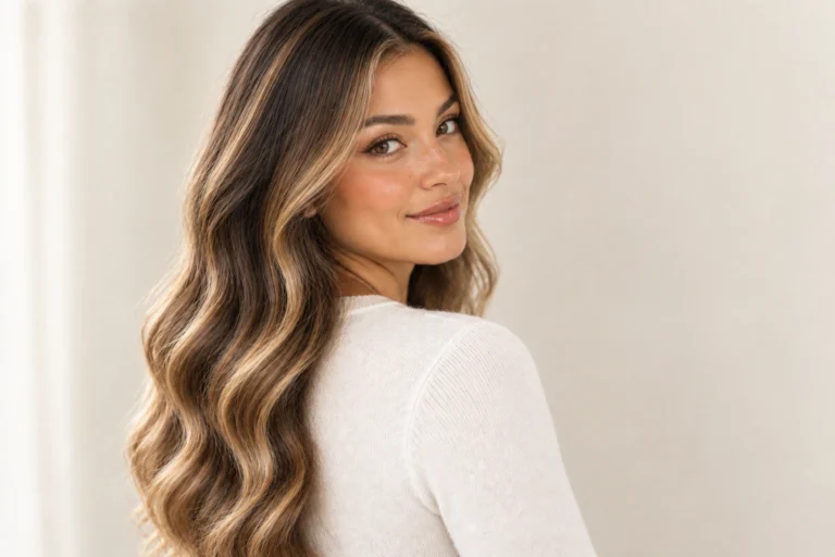 Woman with glossy honey-blonde waves on a beige background
